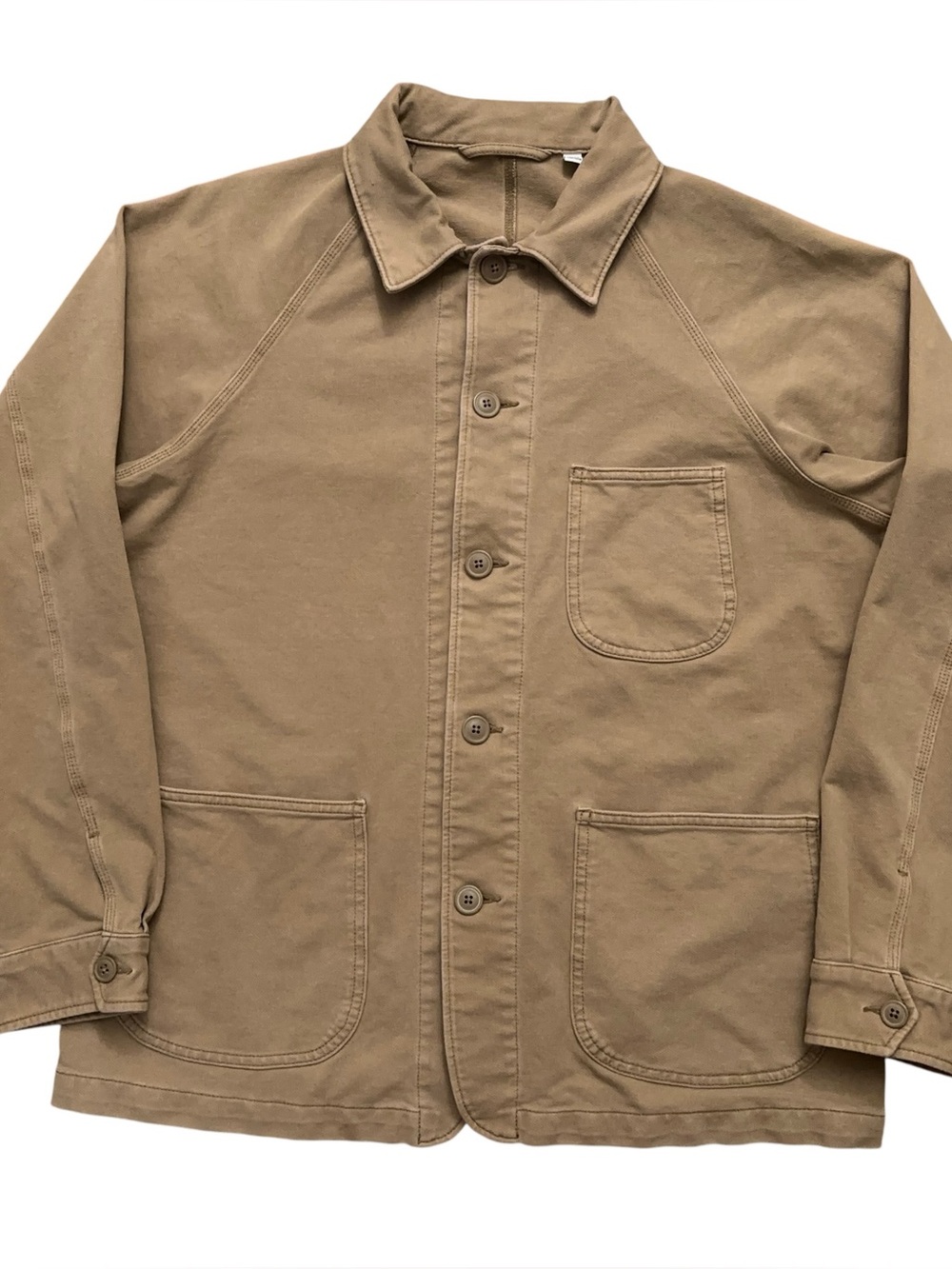 Uniqlo Knitted Overshirt Chore Jacket Mens M Long Sleeve Stretch Pocket Beige